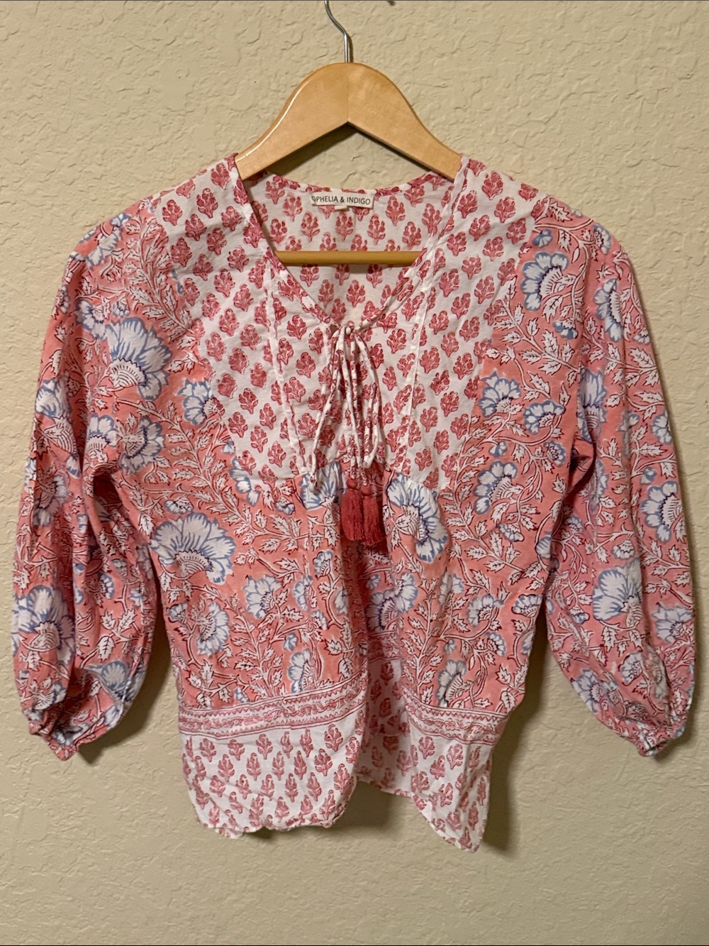 Ophelia & Indigo Coral Blue Floral Tie-Front Peasant Blouse